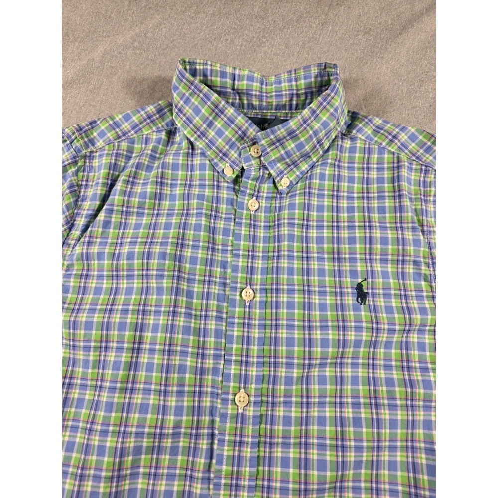 Ralph Lauren Short Sleeve Blue Green Plaid Button Up Shirt Youth Boys L (14-16)
